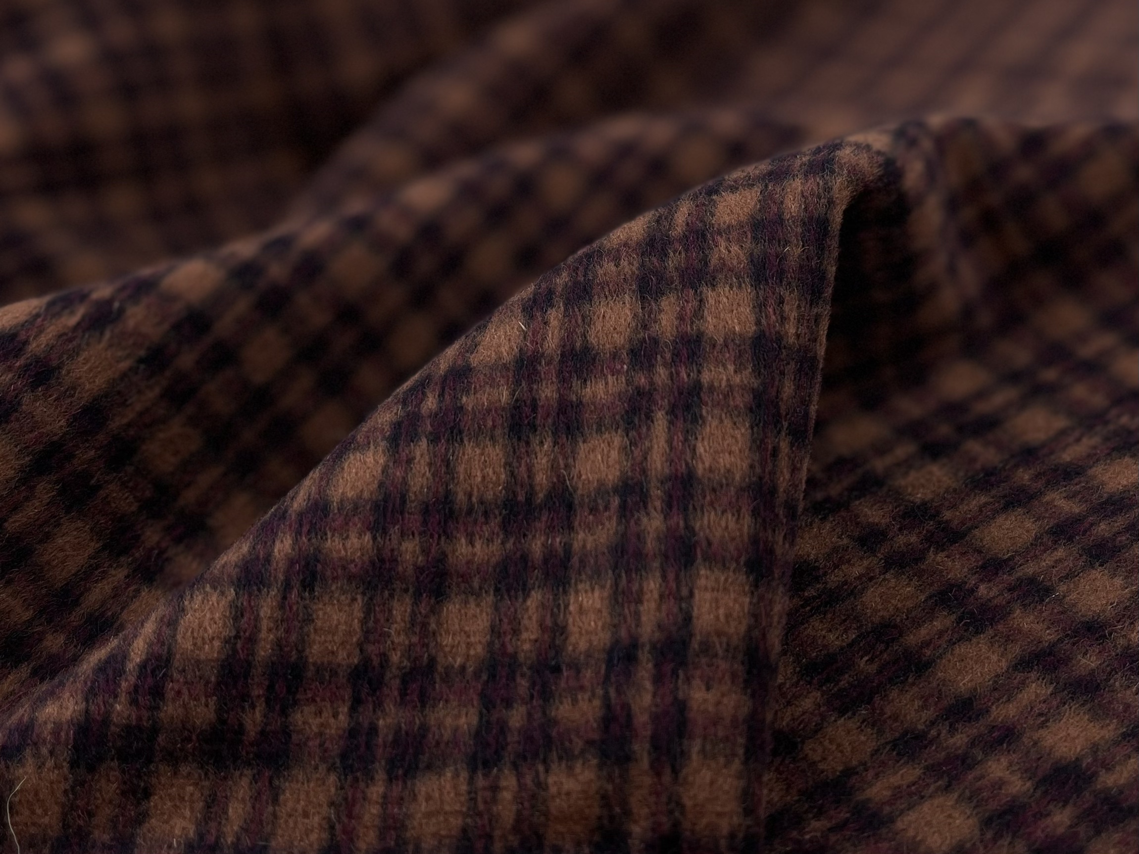 棕色系顺毛呢紫红撞色小格纹纯羊毛面料西装裤子套装秋冬服装布料