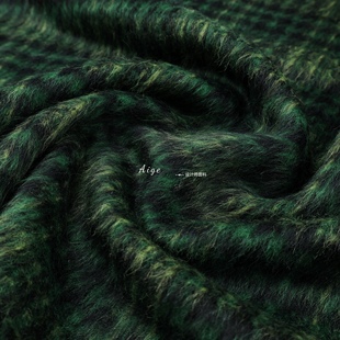 垂感 墨绿色格纹长毛阿尔巴卡羊毛毛料面料大衣外套风衣秋冬布料