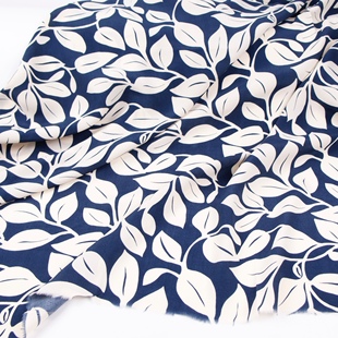 蓝色树叶垂坠文艺素雅亚麻印花布料棉麻和风汉服旗袍裙子春夏布料
