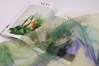 油画风柔软垂感 苔藓绿+蓝紫色晕染横纹欧根纱布料 纱裙礼服面料