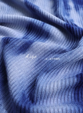 柔软弹力 蓝色竖纹扎染纯棉罗马纹面料开衫吊带连衣裙设计师面料