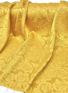 优雅国风 明黄色光泽暗纹玫瑰提花面料旗袍汉服古装设计师布料
