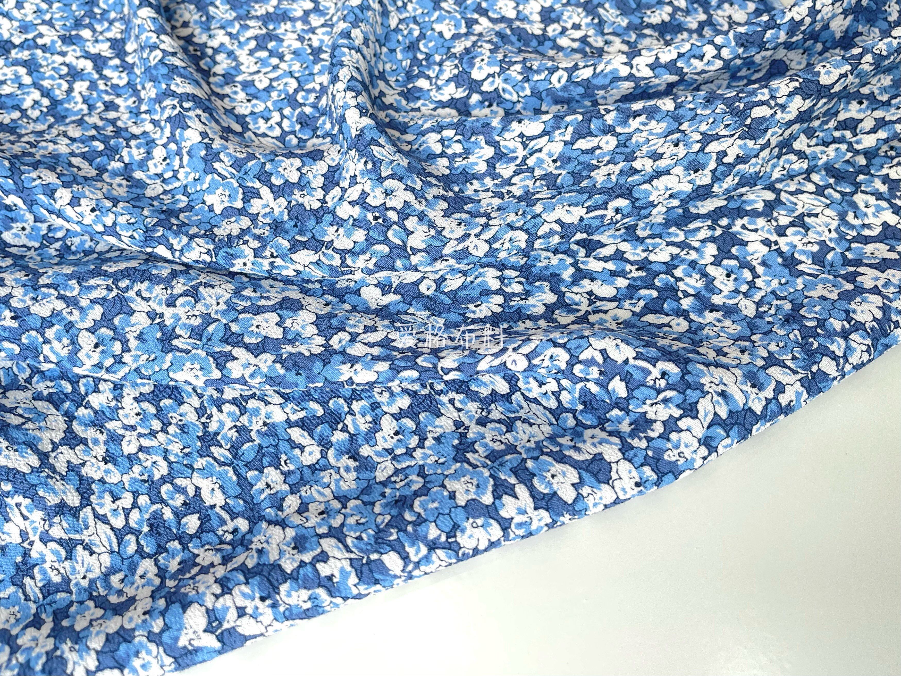 柔软垂坠 蓝色系小碎花印花纯麻亚麻麻纱面料衬衫连衣裙汉服布料