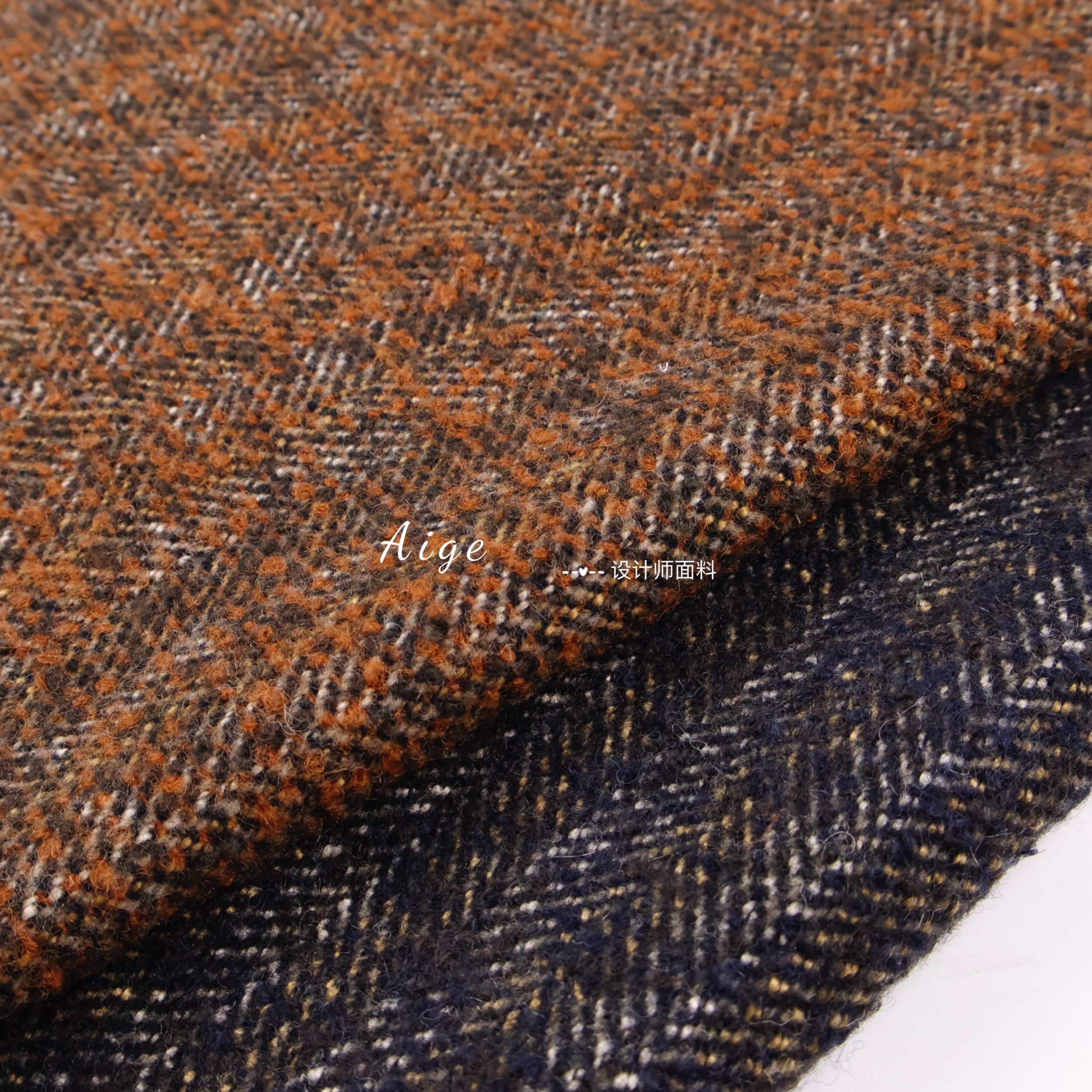 进口 棕色深蓝色加厚粗纺人字纹羊毛料毛呢面料西装大衣外套布料