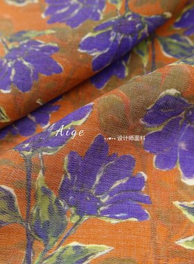 垂感亲肤微透 橘色油画花朵印花天丝麻亚麻棉麻面料旗袍裙子布料
