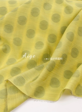 亲肤不透 黄色复古波点印花天丝麻棉麻面料衬衣连衣裙裤子布料DIY