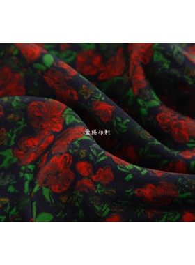 微弹力16姆米03双绉 深藏青+红色碎花印花双绉桑蚕丝面料真丝布料
