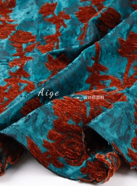 高品质 雀蓝色新中式国风雪尼尔人丝提花面料套装连衣裙外套布料