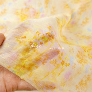 和风薄款半透 姜黄+鹅黄色团花晕染印花真丝苎麻丝麻布料汉服面料
