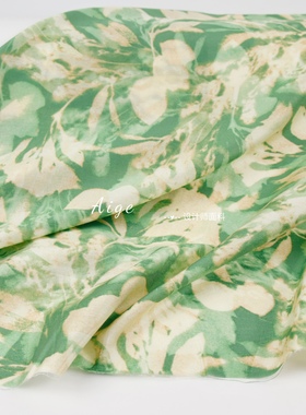 柔软微透 抽象绿色系枯叶印花真丝天丝麻亚麻面料古装汉服布料DIY