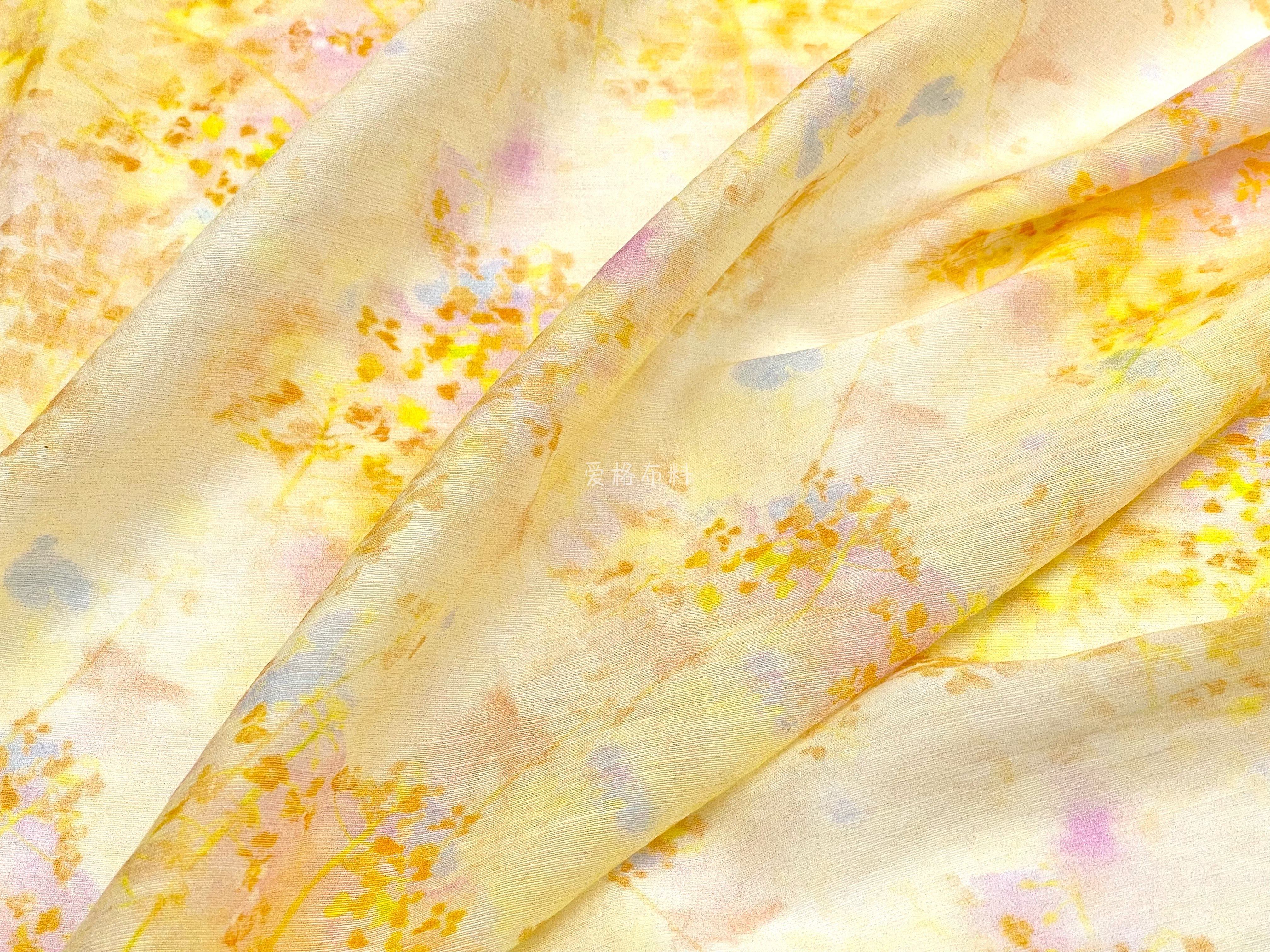 和风薄款半透 姜黄 鹅黄色团花晕染印花真丝苎麻丝麻布料汉服面料