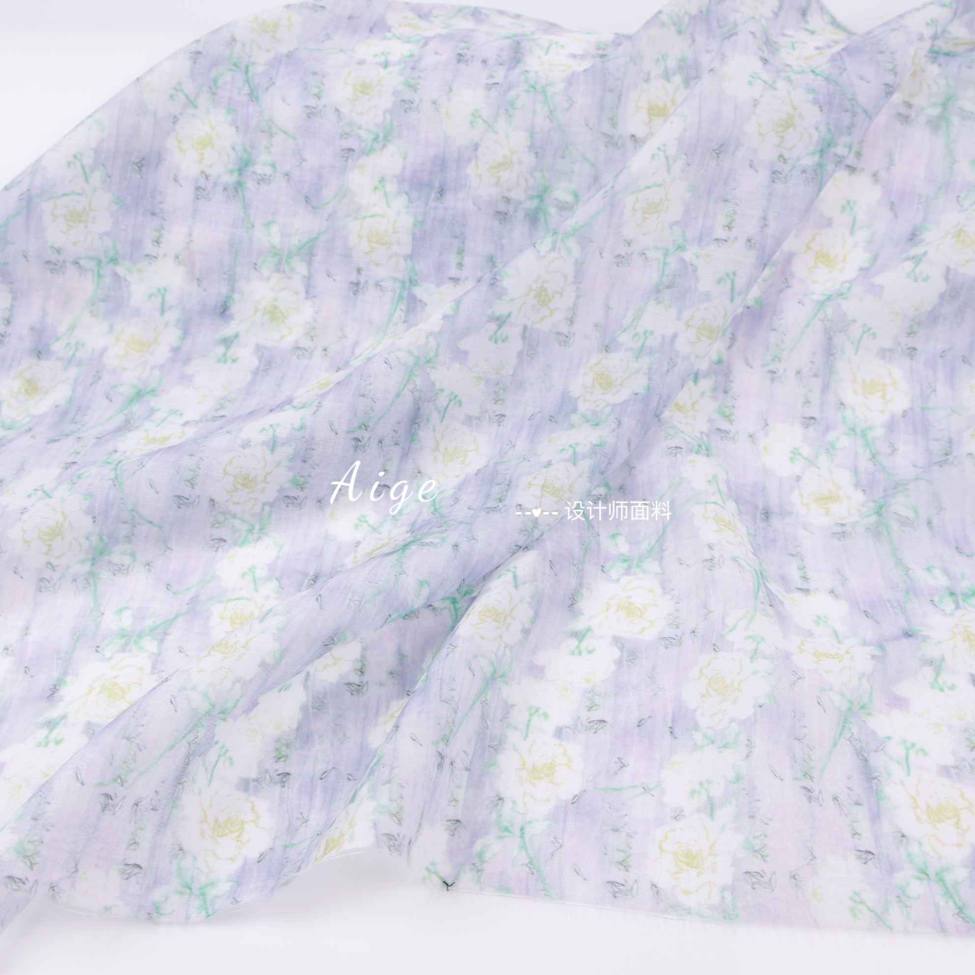 柔软微透 淡紫蓝色手绘黄色小花印花天丝麻面料衬衫连衣裙布料DIY