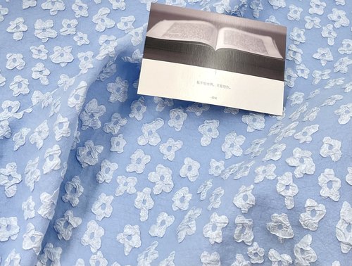 浮雕提花 浅蓝色弹力3D立体小花朵艺术提花面料汉服裙设计师布料