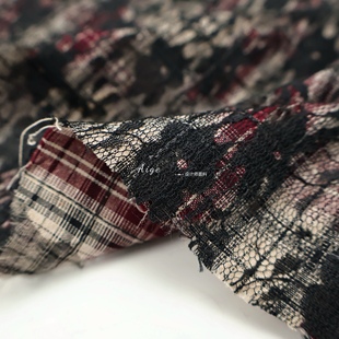 设计师款 红色烂花镂空格纹+复合蕾丝棉布面料春夏衬衣连衣裙布料