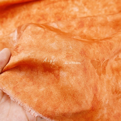 垂感亲肤 橘色炒色晕染花萝暗纹提花人丝丝麻面料衬衣旗袍裙布料