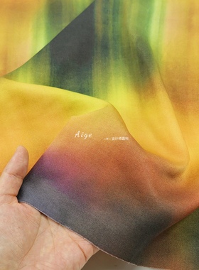 垂感抗皱 黄绿色不规则扎染渐变印花化纤麻时装面料西装裙子布料