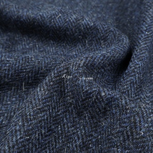 复古英伦 深蓝色小人字纹95%羊毛料毛呢面料西装大衣马甲秋冬布料