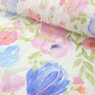 亲肤半透 粉蓝水彩花朵印花竖纹压皱褶皱天丝麻亚麻面料裙子布料