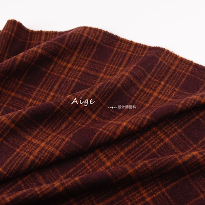 原装进口加厚 复古红棕色格纹羊毛呢毛料面料西装大衣外套布料DIY