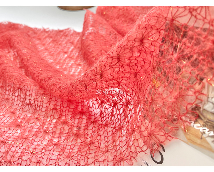 进口弹力 珊瑚粉织金丝竖纹镂空针织羊毛马海毛布料罩衫开衫面料