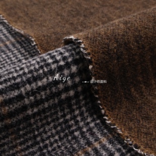 双层可剥 灰色威尔士格纹+棕色人字纹双面羊毛呢毛料面料大衣布料