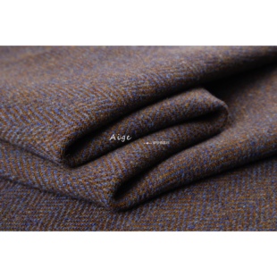 进口双面 蓝棕色加厚双层可剥人字纹羊毛呢毛料面料秋冬大衣布料