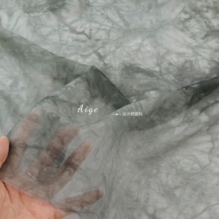 亲肤半透明 灰绿色不规则扎染草木染天丝麻棉麻面料古装汉服布料