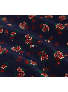 微弹力16姆米03双绉 深蓝色红色花朵印花双绉桑蚕丝面料真丝布料