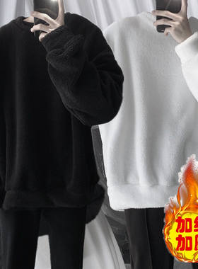 毛绒绒宽松保暖上衣套头男加厚卫衣秋冬季美式加绒圆领ins