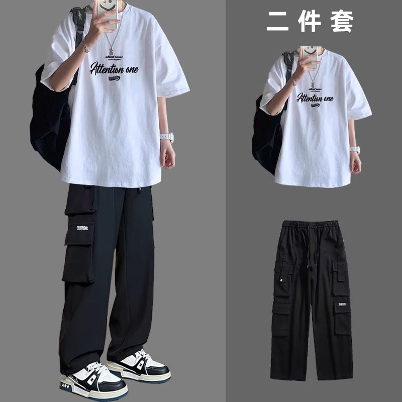 一整套酷帅运动短袖恤套装纯棉搭配休闲男生学生夏季工装裤t潮牌,男装,休闲运动套装,淘宝优惠券,粉丝福利购,淘宝优惠卷