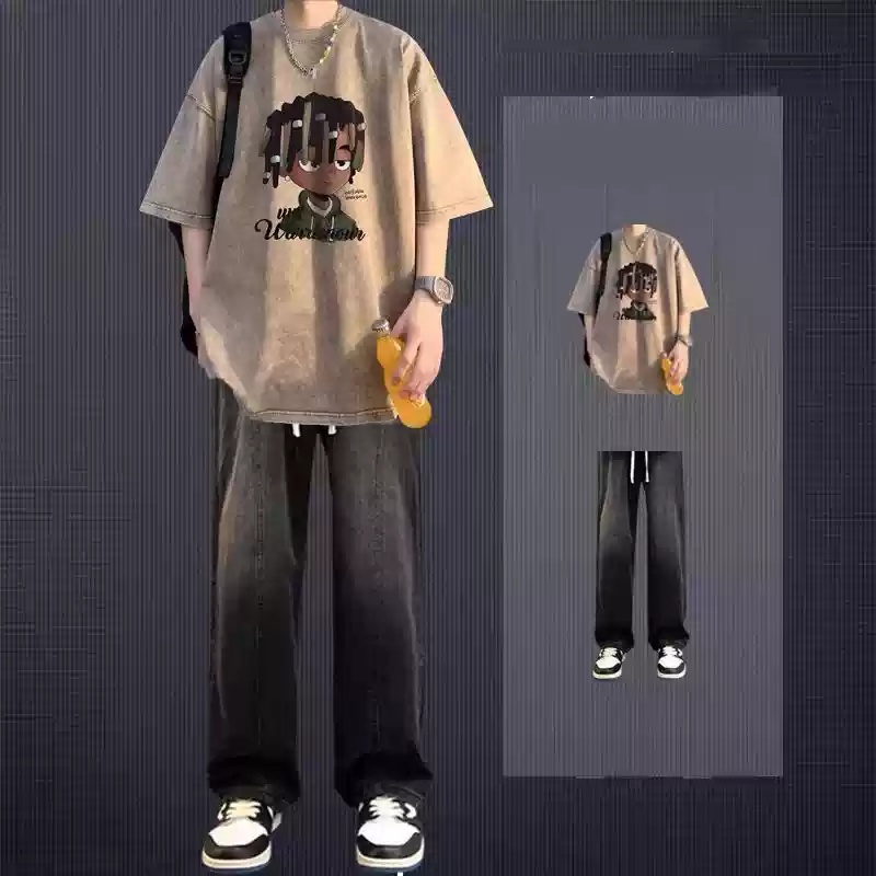 青少年酷帅tins半袖男生旧夏季搭短袖美式水洗穿潮流学生恤套装做