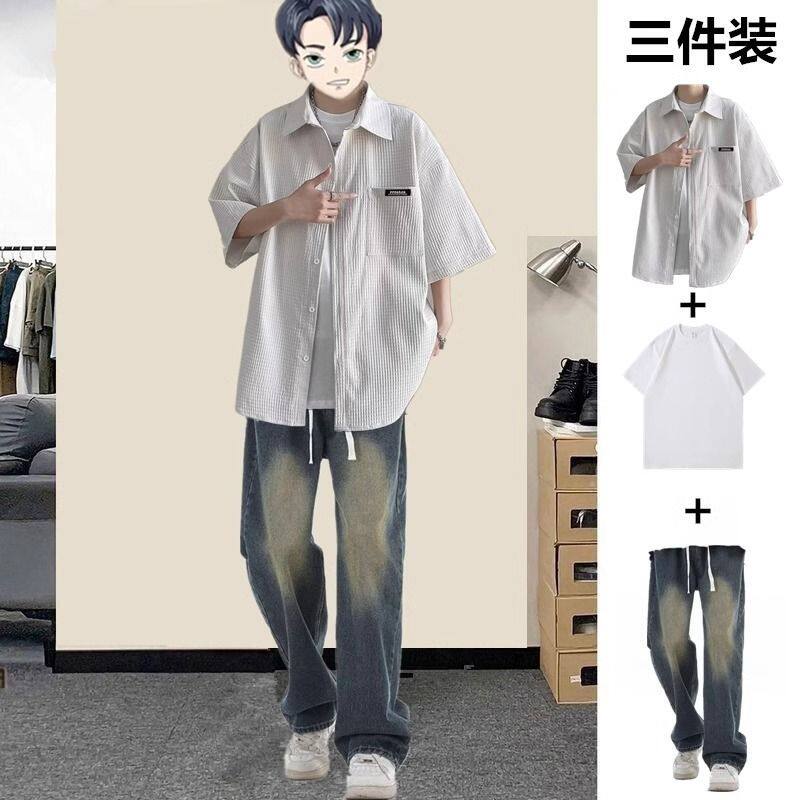 衬衫短袖高级男款外套痞帅日系男夏季衣服潮流休闲宽松衬衣感男生图片