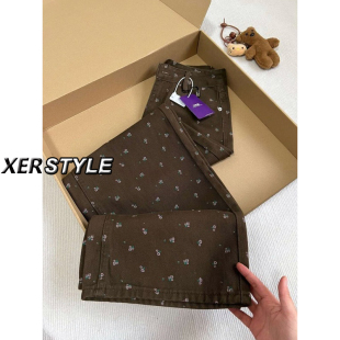 高腰宽松显瘦长裤 145小个子可可棕碎花休闲直筒阔腿牛仔裤 女冬季