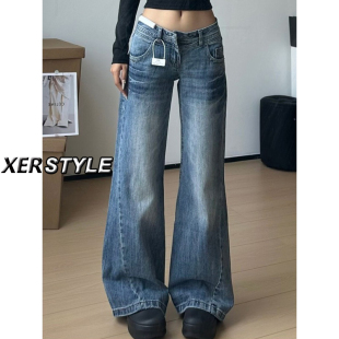宽松显瘦直筒喇叭裤 145小个子美式 新款 女秋季 复古低腰微喇牛仔裤