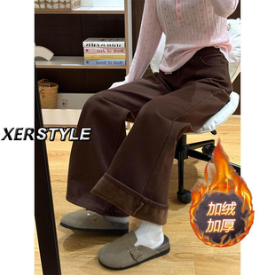 加绒低腰宽松百搭喇叭裤 新款 女冬季 145小个子高街咖色微喇牛仔裤