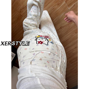 145小个子米白色kitty卡通猫碎花牛仔裤女春夏季直筒高腰阔腿长裤