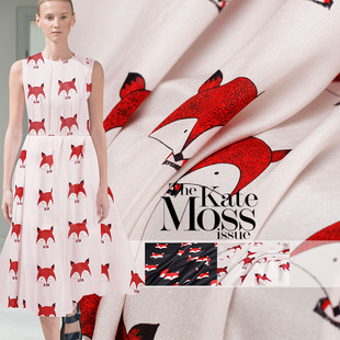 七彩之韵黑白色小狐狸真丝双绉布料桑蚕丝连衣裙手工diy面料打折