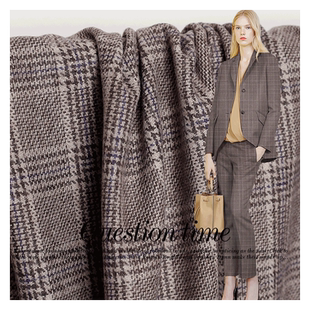 七彩之韵色织精纺羊毛驼色蓝线格纹布料秋冬西装裤子手工diy面料