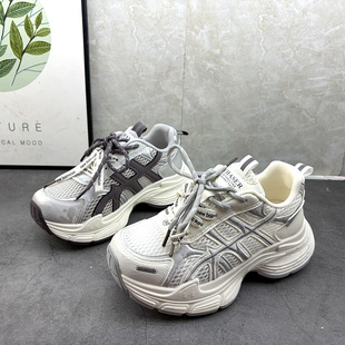 2026年春季新款系带厚底老爹鞋女增高透气网面休闲运动鞋韩版百搭