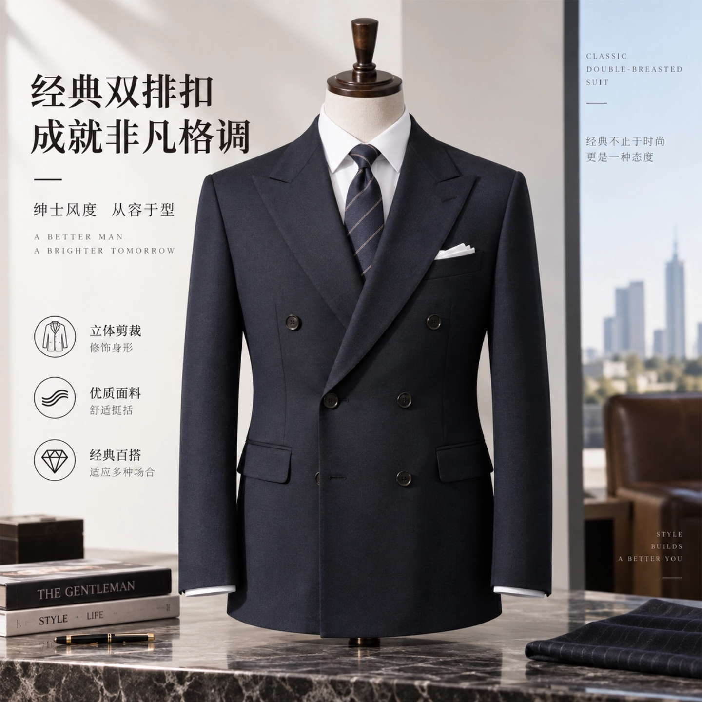 黑色双排扣男士西服套装修身商务正装秋季职业装立领上班商务西装