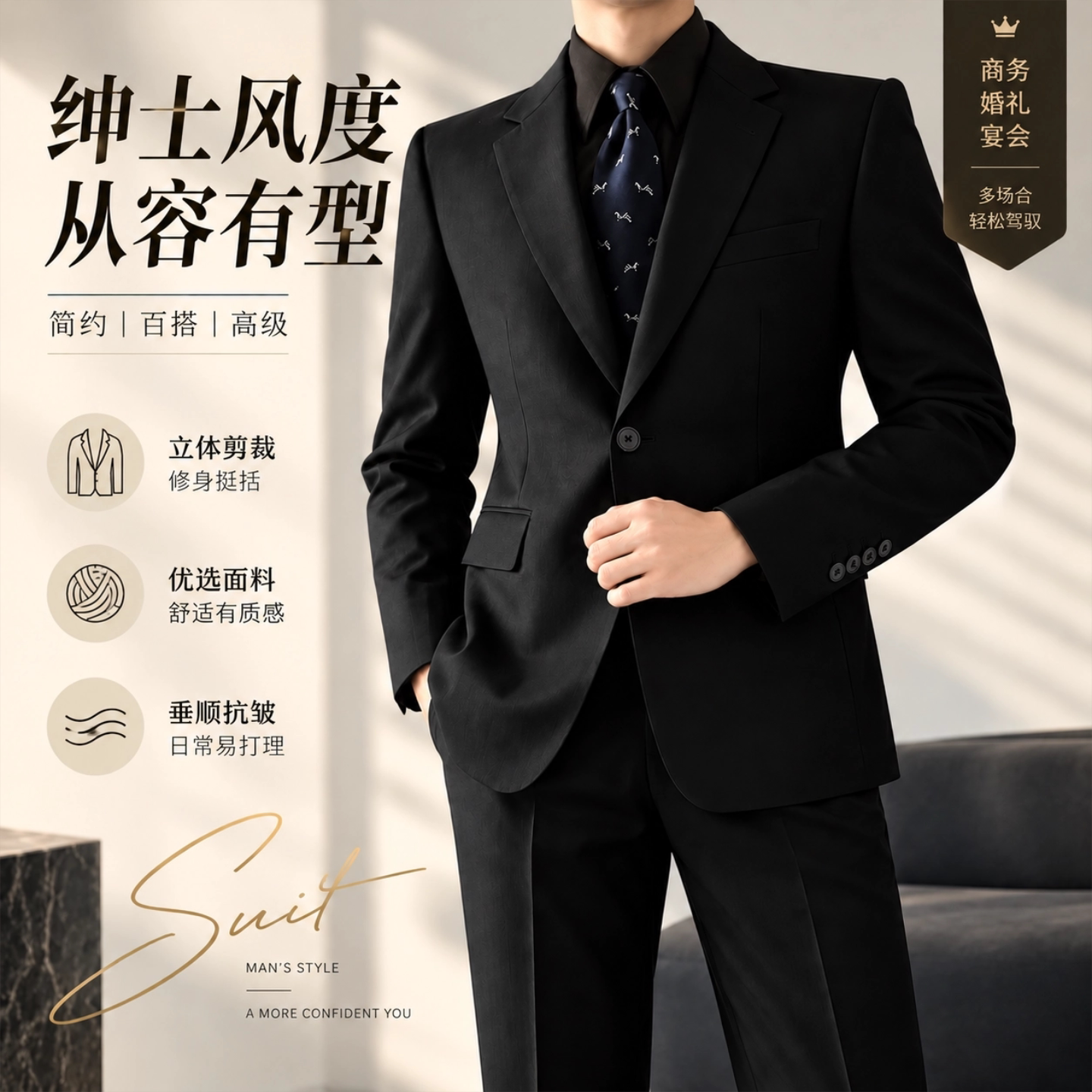 绅士风双排扣西装套装男秋季修身职业装黑色高级感上班婚礼男士