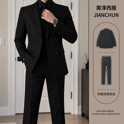 职业装商务风戗驳领黑色双排扣西服套装男秋季修身正装英伦风