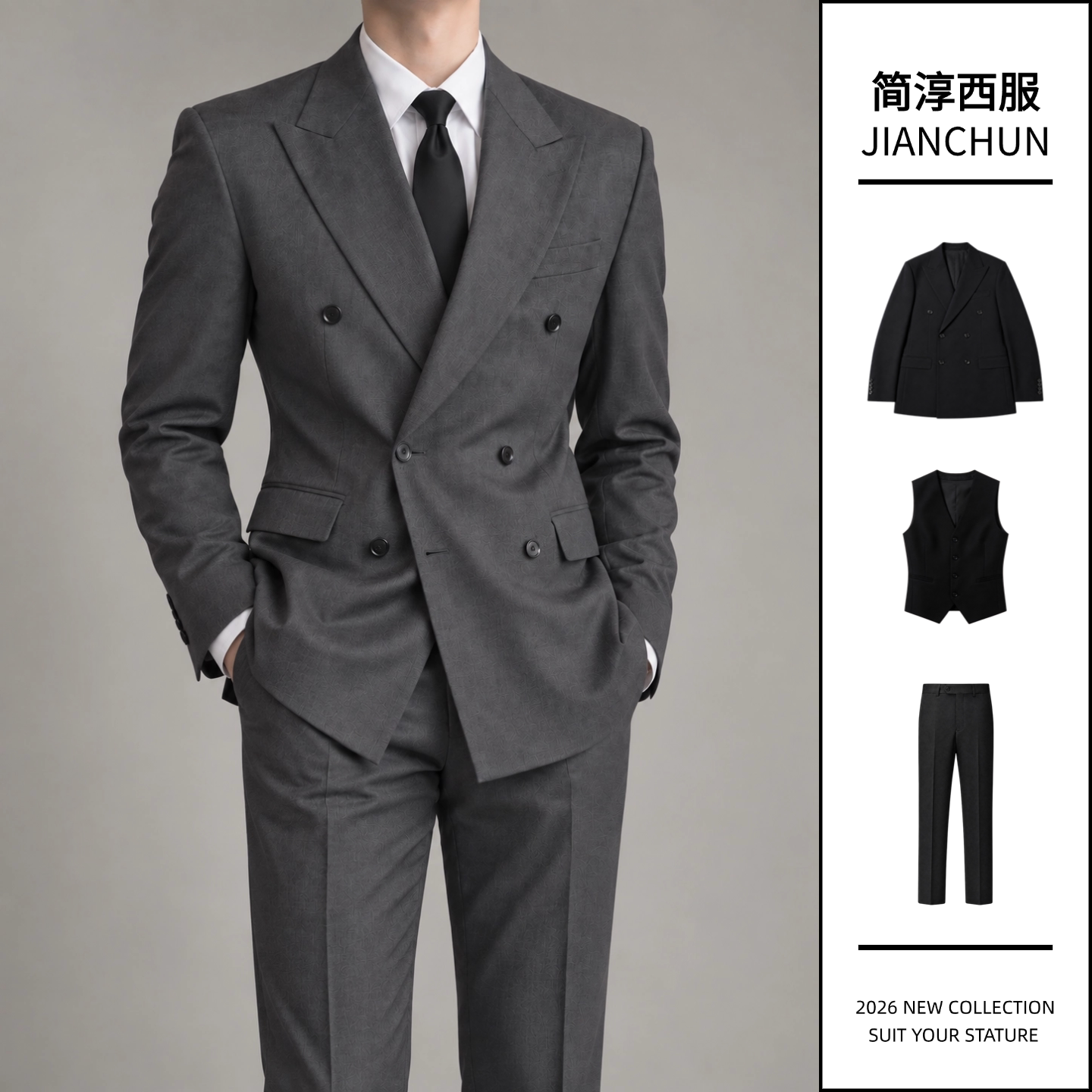 灰色双排扣修身商务男士西服套装