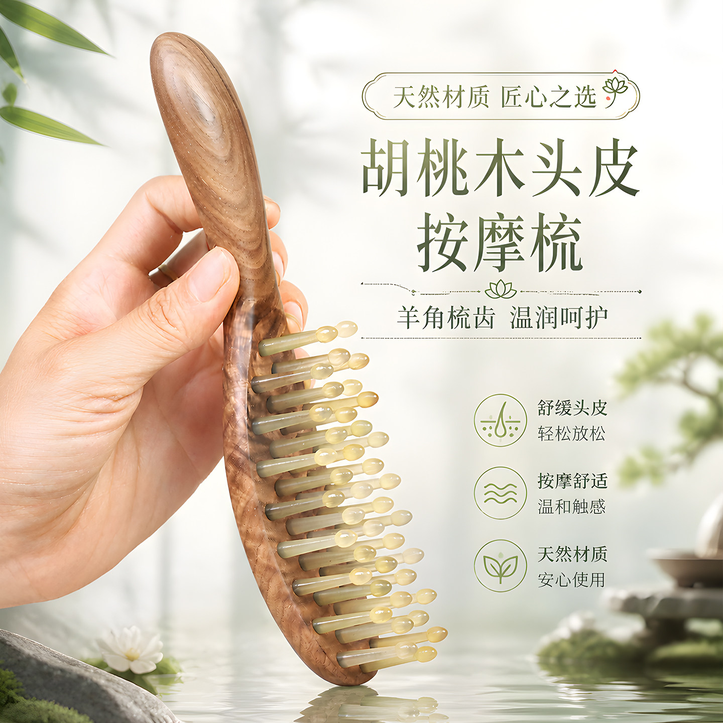 新品高档胡桃木羊角头皮按摩梳