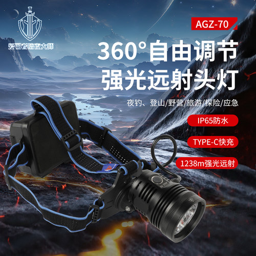 暗夜大师AGZ-70 RGB风扇头灯 360°旋转远射强光户外头戴灯