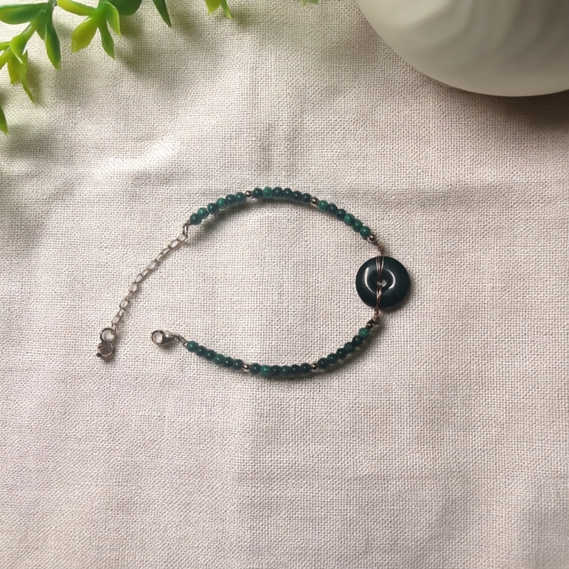 孤品天然孔雀石手链女小众设计感新中式中国风平安扣米珠手链手串
