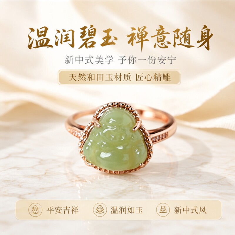 天然和田玉碧玉复古小众设计女笑佛戒指合金镶嵌新中式