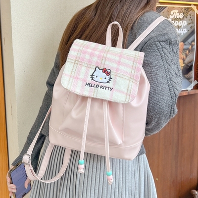 可爱凯蒂猫双肩包女2025新款休闲格纹kt少女小背包高级感百搭书包