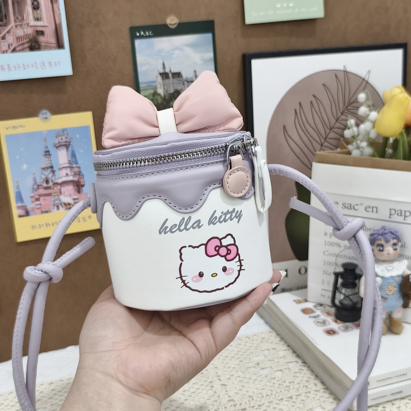 可爱卡通印花斜挎水桶包女kt猫帕恰狗卡皮巴拉小清新蝴蝶结单肩包