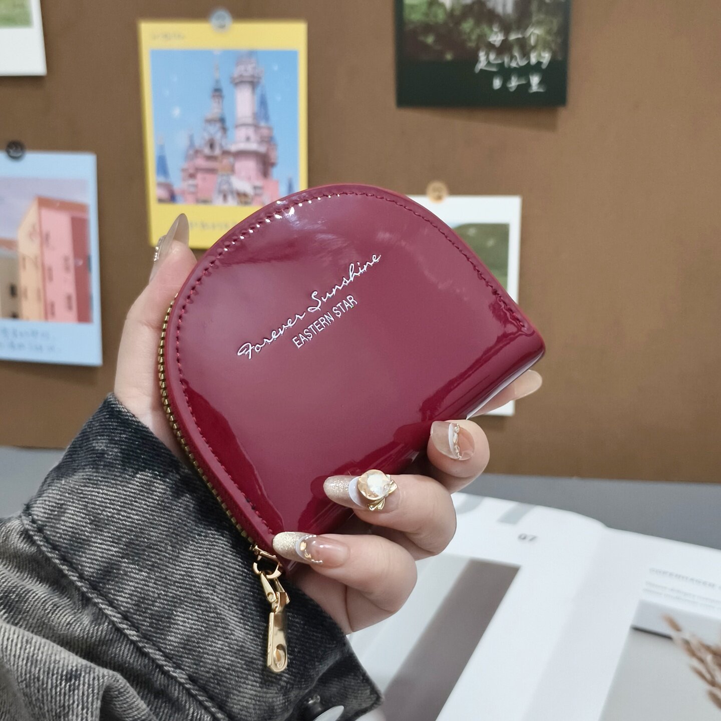 日韩风漆皮半圆零钱包女短款时尚简约百搭小巧多卡位拉链风琴卡包